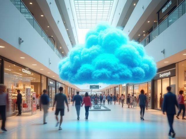 Centro comercial moderno mostrando beneficios de migración cloud en retail